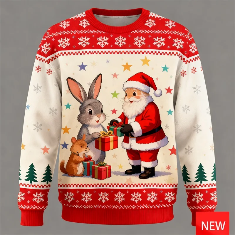 Merry Christmas Ugly Sweater For Men Cute Rabbit Animal Graphic Sweatshirt 3D Print Bunny Pullover Jumper Unisex Men Clothes