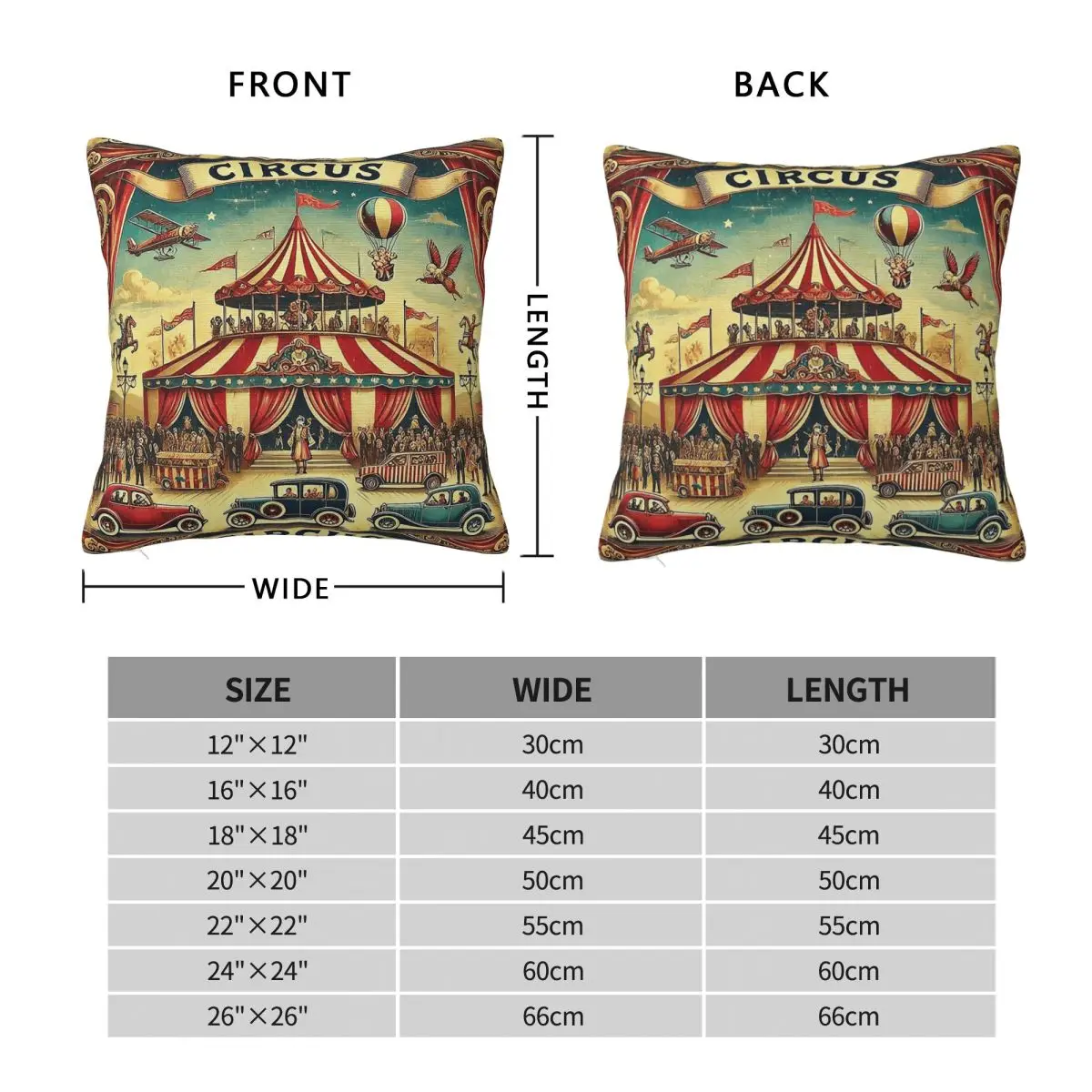 Vintage Circus Square Pillowcase Polyester Linen Velvet Printed Zip Decor Sofa Cushion Case