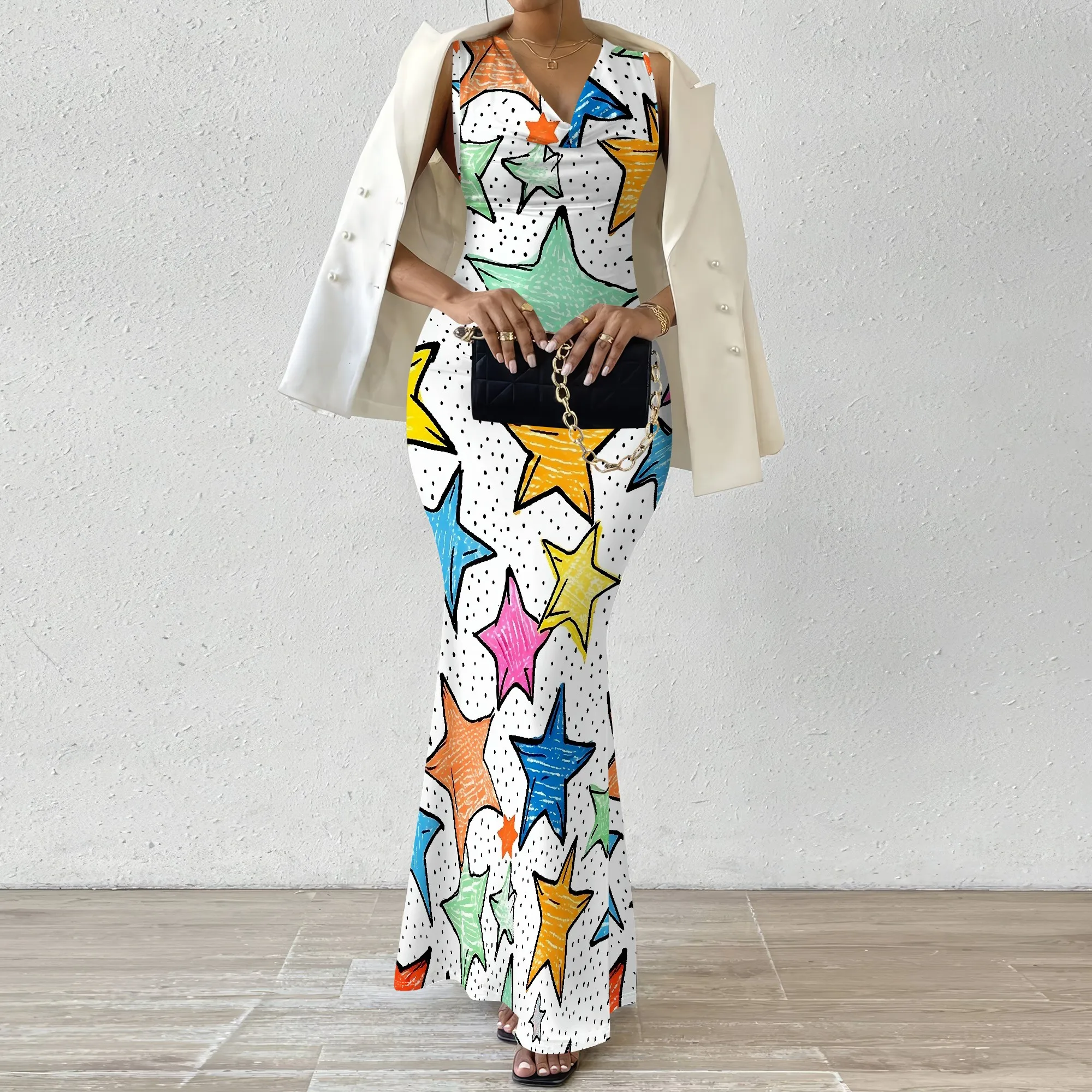 

Colorful Star Print Bodycon Long Dress for Women Slim Mermaid Fit Sleeveless Maxi Dress Summer Party Night Out Style XS-3XL