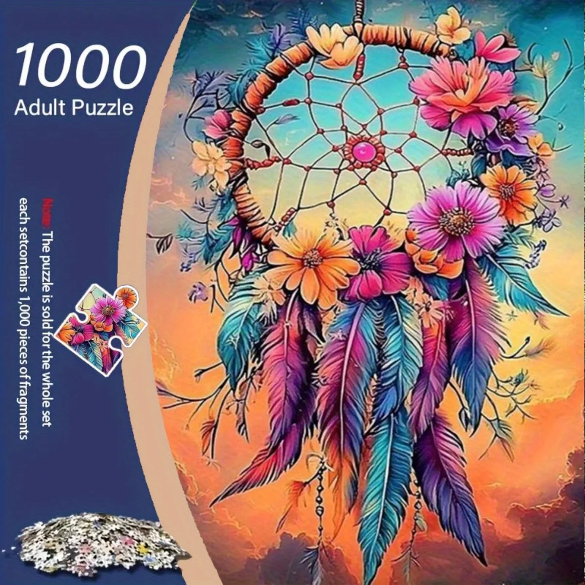 Rompecabezas de atrapasueños de 1000 piezas con puesta de sol de plumas florales bohemias - Rompecabezas grande sin marco para adultos y familias - Tarjeta reciclada