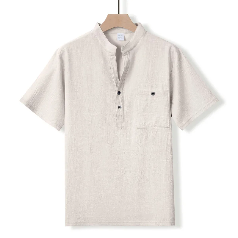 Herren-Henley-Shirt mit Stehkragen, Kurzarm, Baumwoll-Leinen-Mischung, Brusttasche, Atmungsaktiv, Sommer, Alltag, Reise, Strand, Freizeit-Oberteil – Detail 15