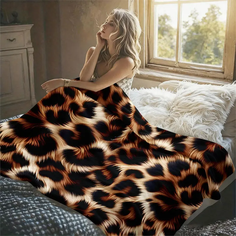 Classic Leopard Fur Texture Flannel Blanket Perfect for Sofa Office Bed Travel Sleep Read Relax Camping Four Season Use