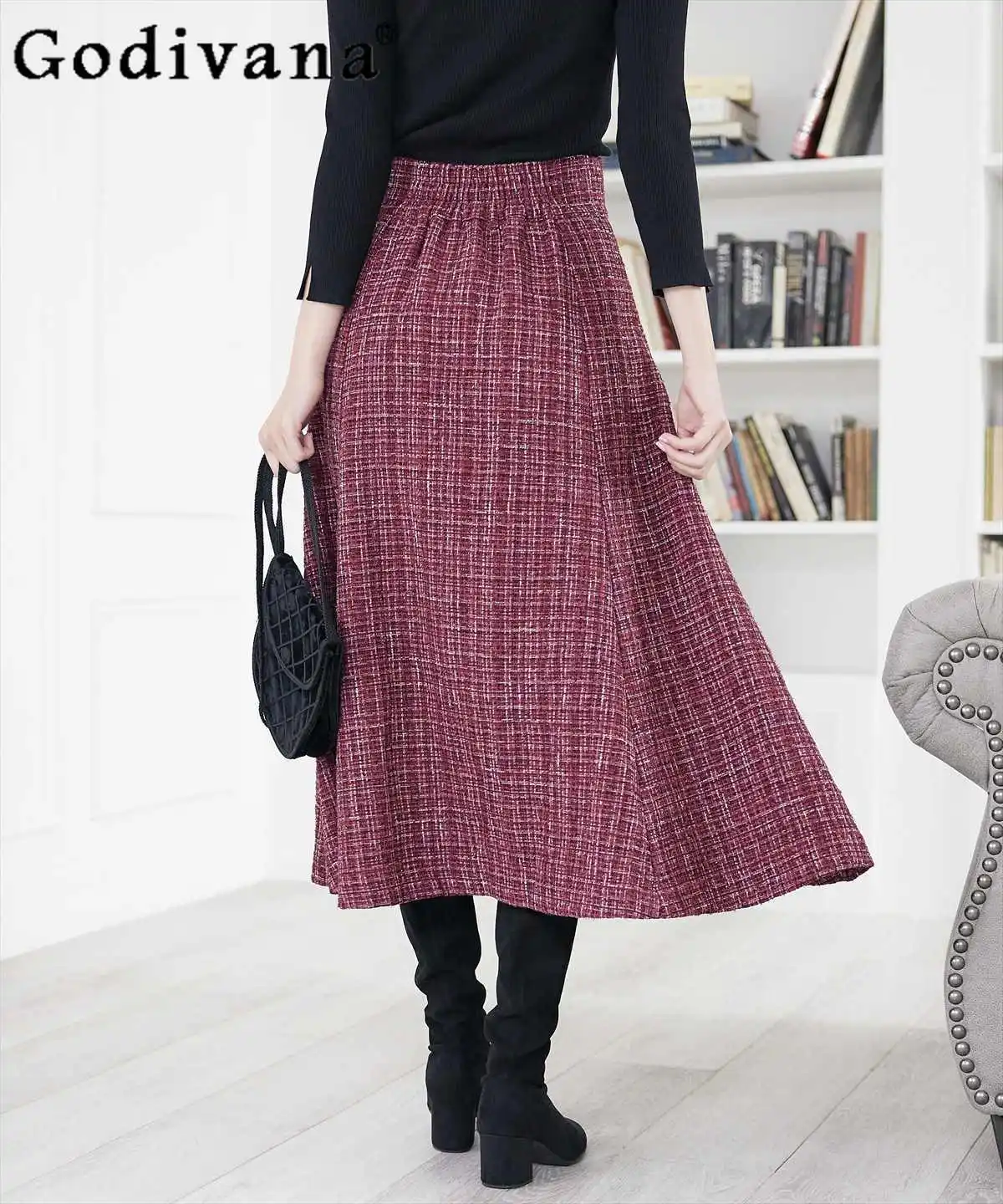 Autumn Winter Plaid Mid-length Skirt Women High Waist Slim Elegant Fashion Simple Classic Black Skirt Office Lady Suit Skirts