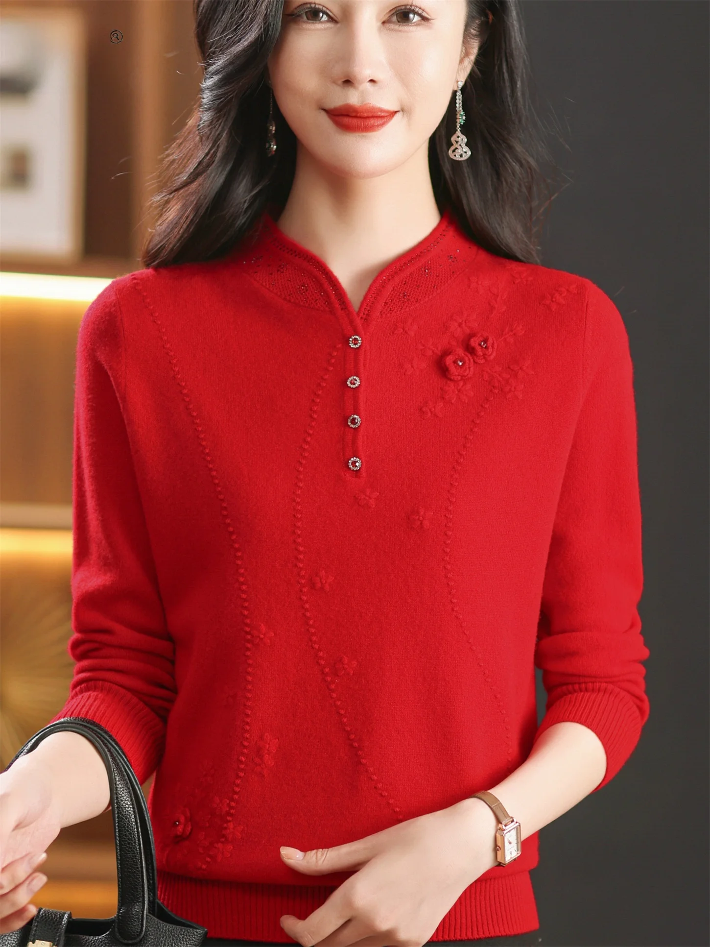 

Модный трикотаж из чистой шерсти с воротником-стойкой, свободный базовый слой, топ для женщин среднего возраста, весна-осень, новинка Sle ape