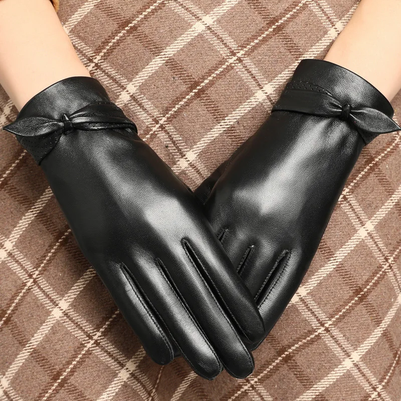 

Real Leather Gloves Female Warm Plushed Lining Thicken Fashion Butterfly Black Women Sheepskin Gloves Driving YSW0034