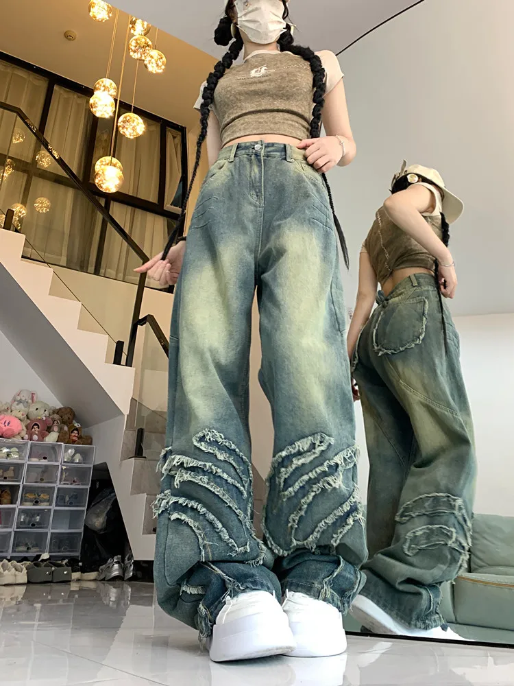 Wide Leg Jeans Women Elegant Casual Korean Fashion Style High Waist Daily Retro Washed Vintage Chic Hip Hop Trousers Y2k