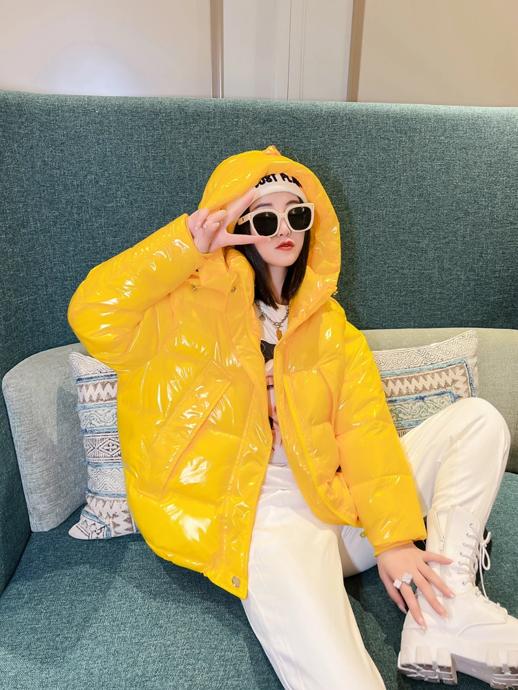 Candy Colors Hooded Glossy Cotton-padded Coat Women Short Warm Parkas 2023 Winter Casual Long Sleeve Cotton-clothes Outerwear