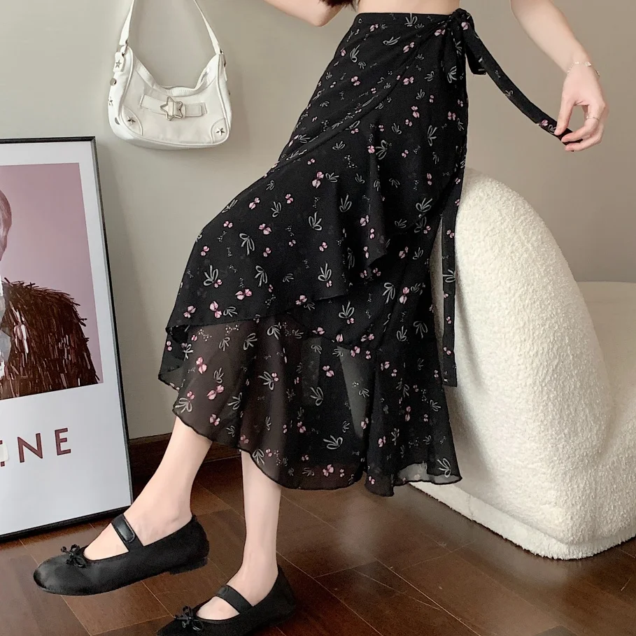 

Однотонная шифоновая юбка миди с поясом, женская пляжная длинная юбка с завышенной талией, А-силуэт, с цветочным принтом