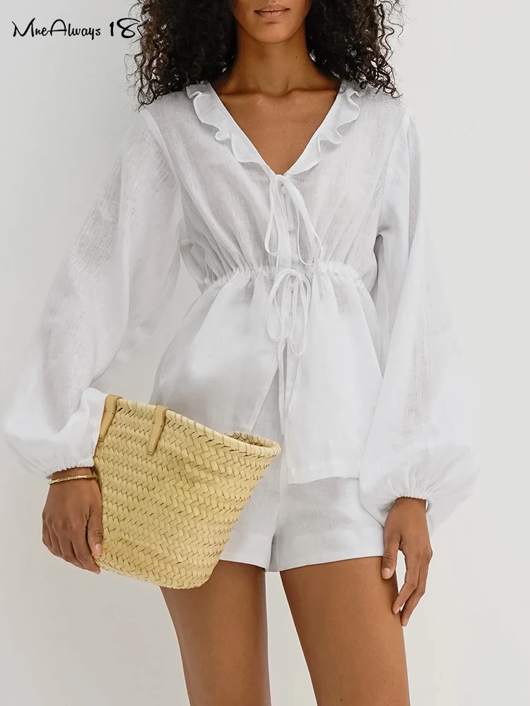 Mnealways18 Lantern Sleeve White Cotton Linen Outfits Women Lace-Up Top And Wide Leg Shorts Vacation 2024 Solid Sets Office Lady