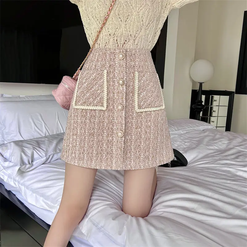 الشتاء تنورة المرأة حجم كبير منقوشة الصوفية ألف خط تنورة قصيرة عالية الخصر سليم صالح عادية موضة أنيقة الخريف الزي القمم #4