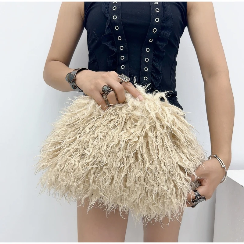 Lange, lockige, flauschige Kunstfell-Clutch-Tasche, Damen-Handtasche mit plissierter Wolken-Plüsch-Textur für Party, Hochzeit, elegante Abendtasche, Herbst-Winter – Detail 36