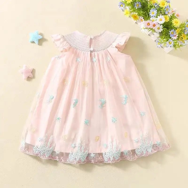Ins Handmade Kids Boutique Smocked Dress Blue Wrap Embroidered Mesh Wedding Christmas Snowman Dress Princess Clothes