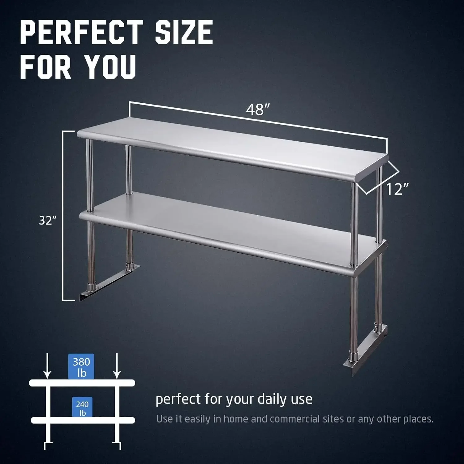 Steel Overshelf for Prep & Work Table 12” x 48” NSF Commercial Adjustable Double Shelf 2 Tier for Restaurant, Bar, Uti