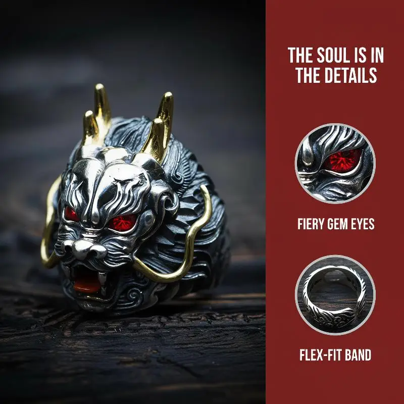 Men Retro Domineering Dragon Adjustable Ring High end Trendy Jewelry Inlaid Turquoise Southern Red Tourmaline Stone Men Ornament