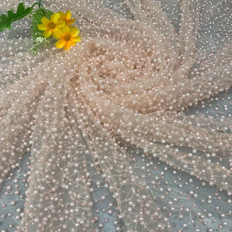 1 YARD เพิร์ลผ้าตาข่ายรอบลูกปัดหลอดเย็บปักถักร้อยผ้า High-End งานแต่งงานชุดกระโปรง DIY เย็บผ้าผ้า Tulle ผ้า 125 ซม.ความกว้าง