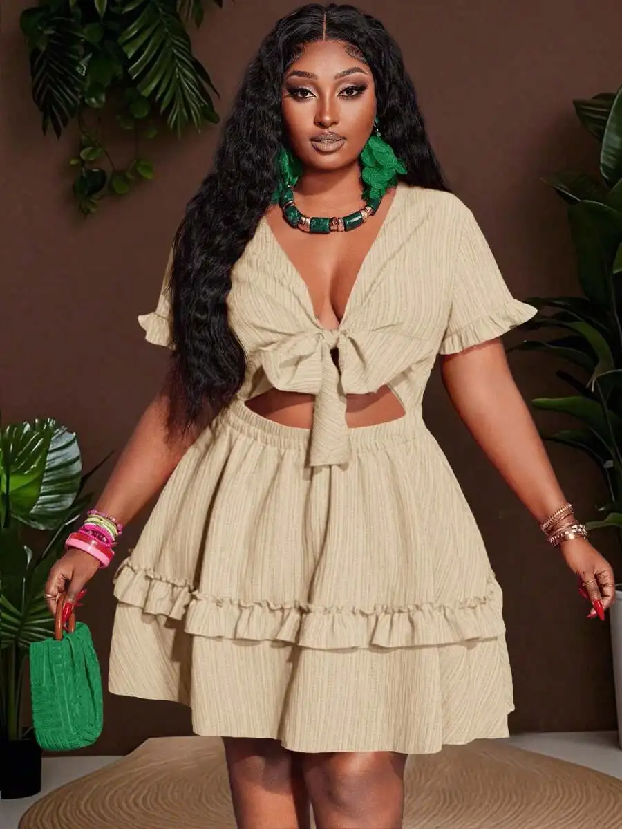 

Cream Ruffle Mini Dress With Chest Tie-Up And Cut-Out Detail Woven Fabric For Casual Holiday Summer Wear