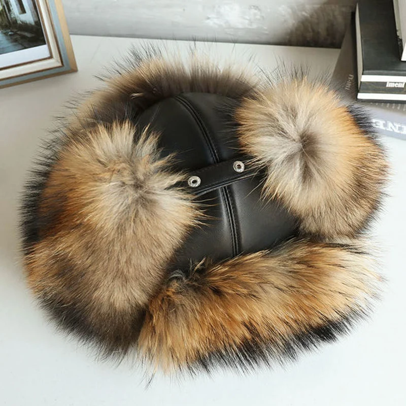 Natural Raccoon Fur Hat Women Black Fox Fur Russian Ushanka Hats Winter Warm Ears Bomber Cap