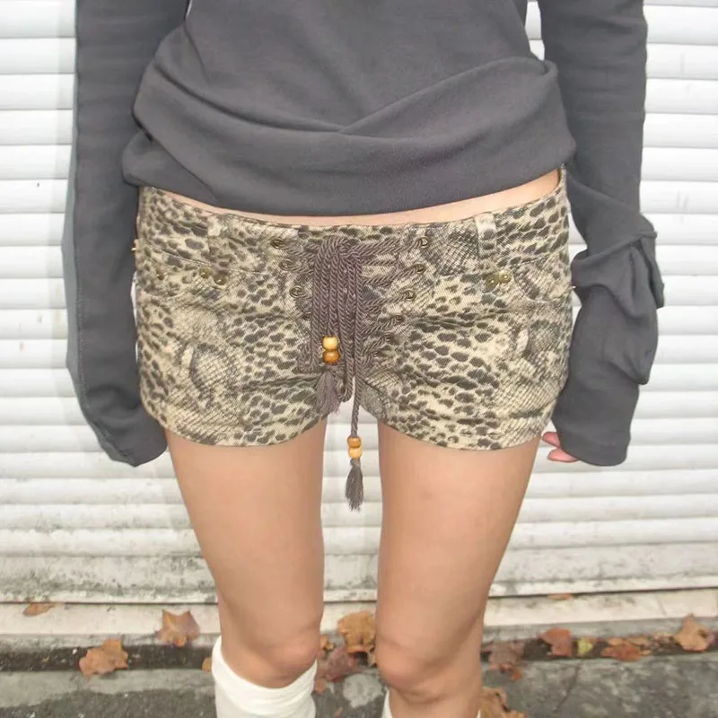 Amerikaanse Lace Up Ropa Mujer Nieuwe A-lijn Wijde Pijpen Vintage Gewassen Luipaardprint Shorts Y2k E-girl Lage taille