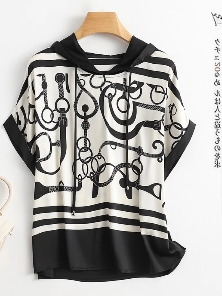 Silk T-irt Women's Loose Fit ort Sve Printed Heavyweight  Silk Casual Summer Top Korean Sle Commute Faion