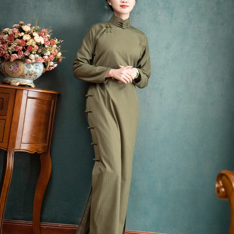 

Классическое винтажное длинное ципао с плоским узором, на одно плечо, свободного кроя, в стиле 80-х годов