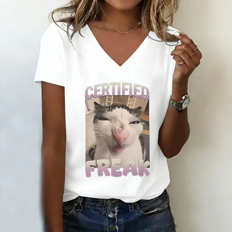 Funny Certified Freak Cat Meme T-shirt V Neck Casual Fashion Y2k Printed T Shirts Women Short Sleeve Tee Shirt V-Neck