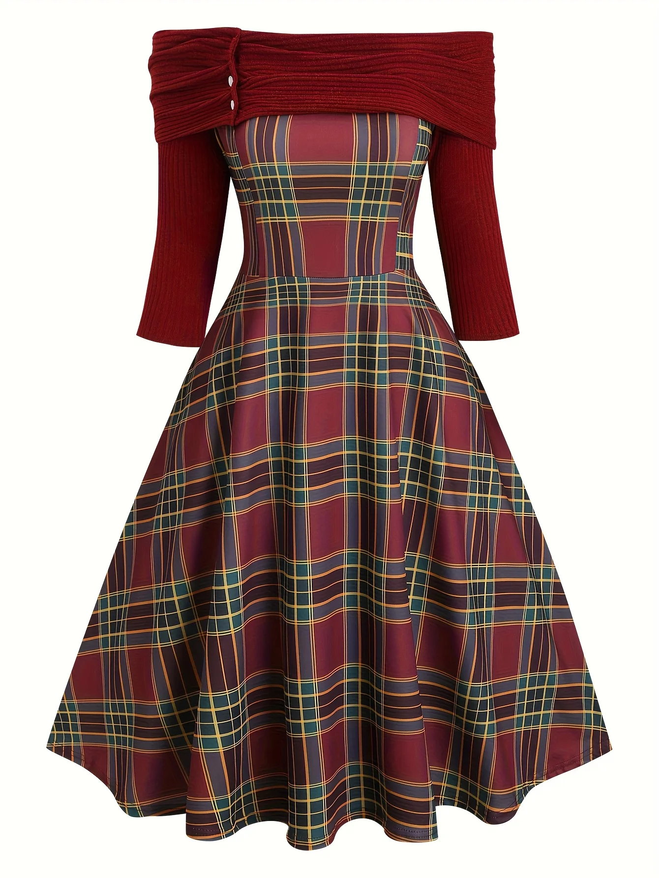Women's Plus Size Burgundy Retro Era Checkered One-Shoulder Dress
