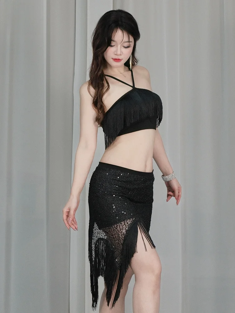섹시 벨리댄스 스커트 세트 불규칙한 스팽글 치키 스커트 프린지 공연 의상 여성 피트니스 벨리댄스 의상