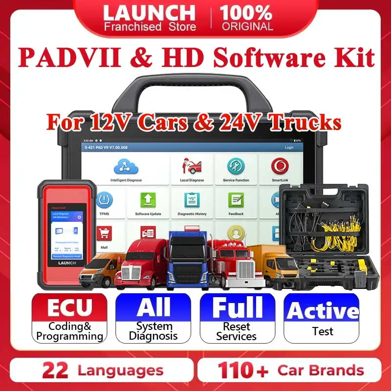 LAUNCH X-431 PAD 7 & Heavy Duty Software Kit 12V Car 24V Truck Diagnostic Tool Skaner samochodowy Auto skanowanie Diagnostyka samochodowa