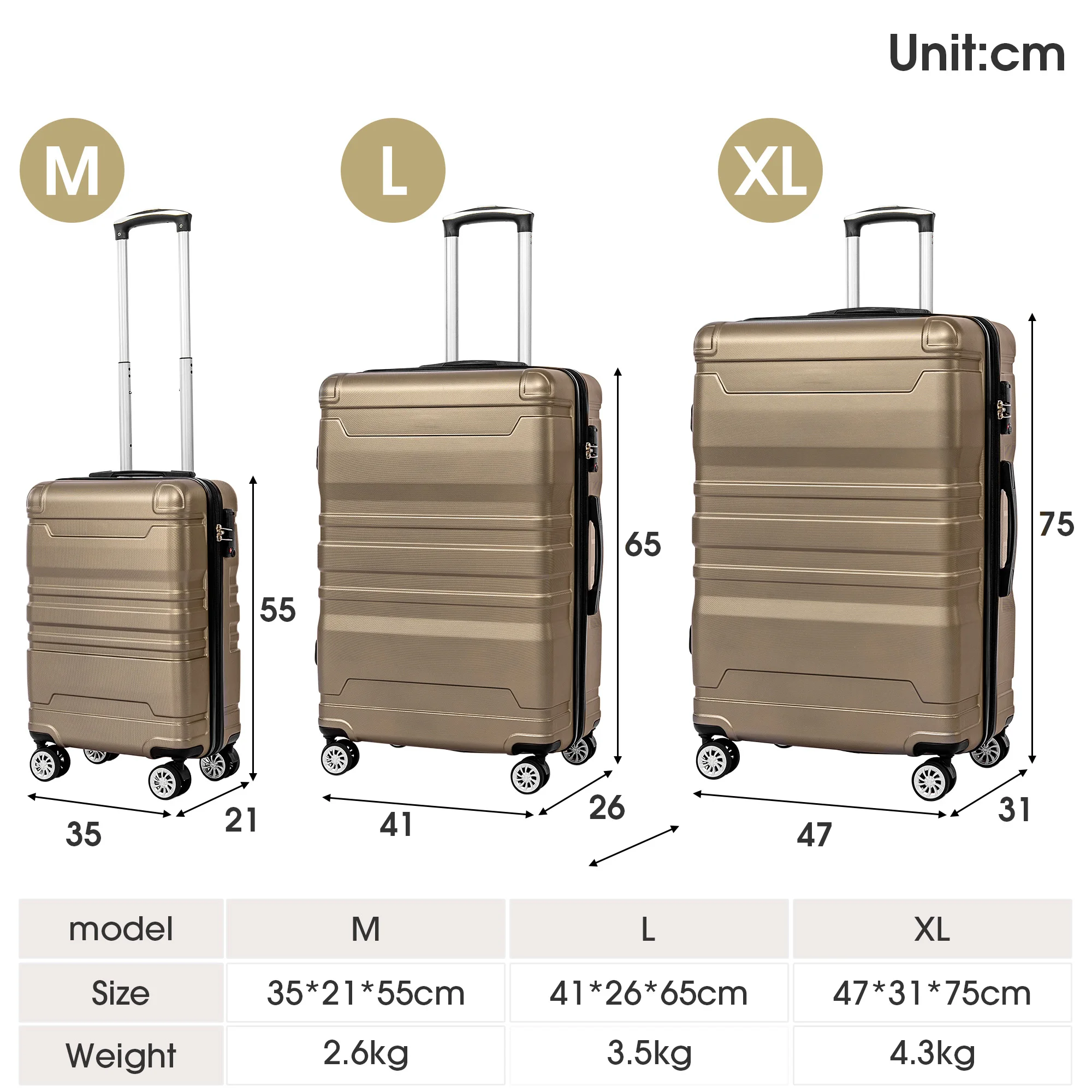 Hard-Shell hand luggage case with TSA lock and universal wheel expandable side handle 3-piece set