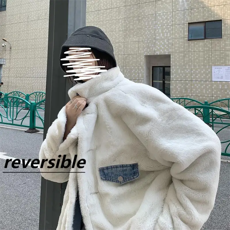 

Джинсовое пальто для женщин, темное меховое плюшевое женское осеннее пальто с поясом, обычная посадка на флисовой подкладке, минимализм, шикарная уличная одежда, верхняя одежда для кампуса с клапаном