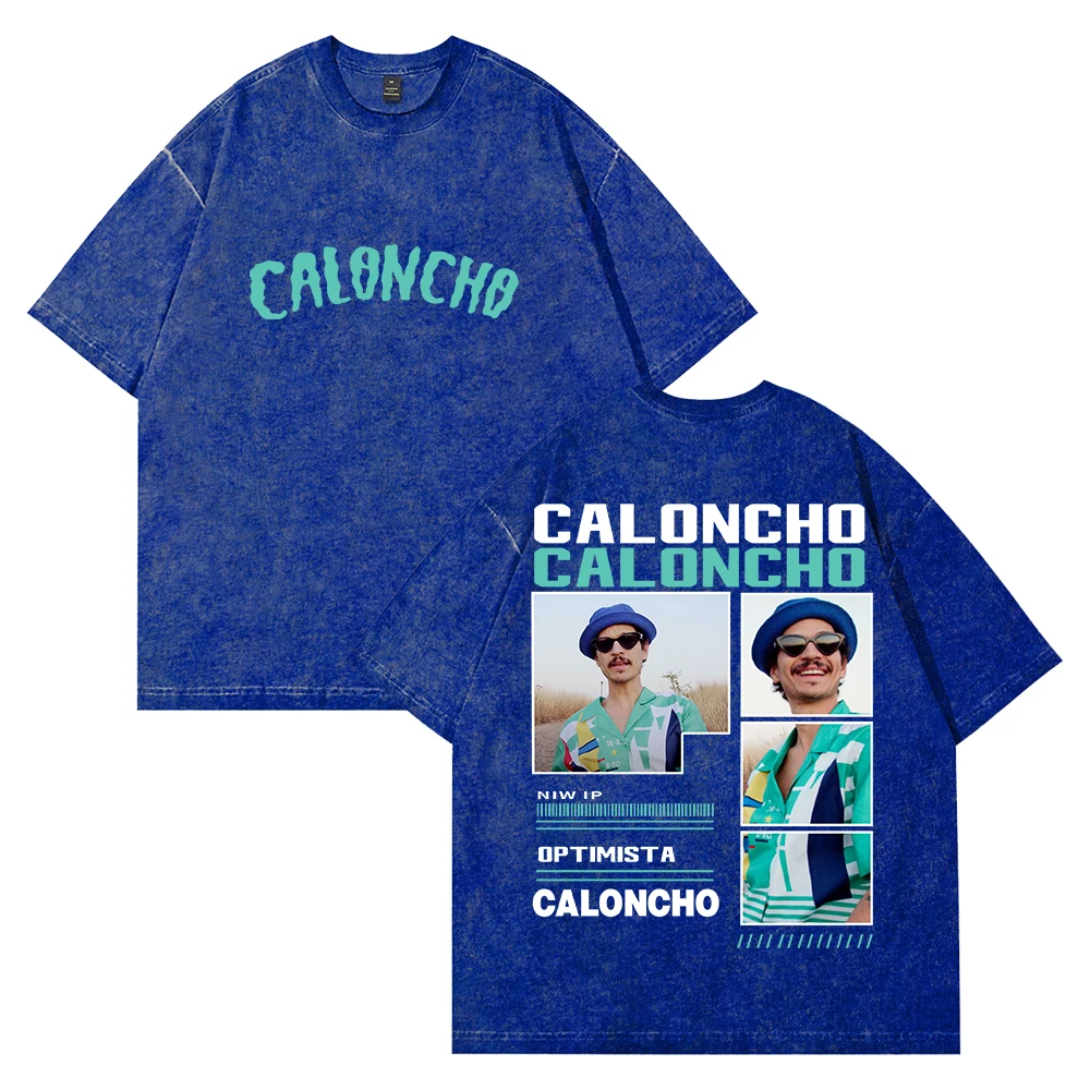 تي شيرت Caloncho Vintage مغسول بياقة دائرية وأكمام قصيرة من القطن تي شيرت للنساء والرجال ملابس خروج خارجية