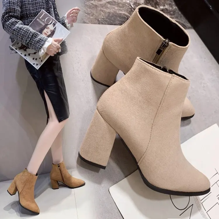 

2025 New Simple Ankle Boots Square Heel Booties Side Zippers Pointed Suede High Heels Fashion Women's Boots