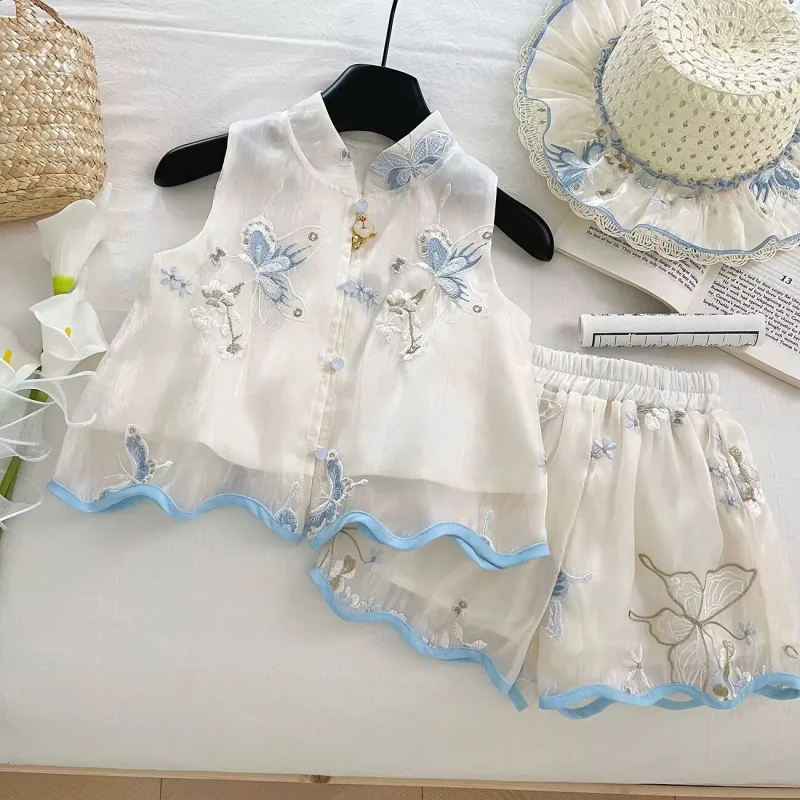 

Summer Girls' Outfit New Style2025Traditional Chinese Style Embroidered Vest and Lace Shorts Set for Little Girls