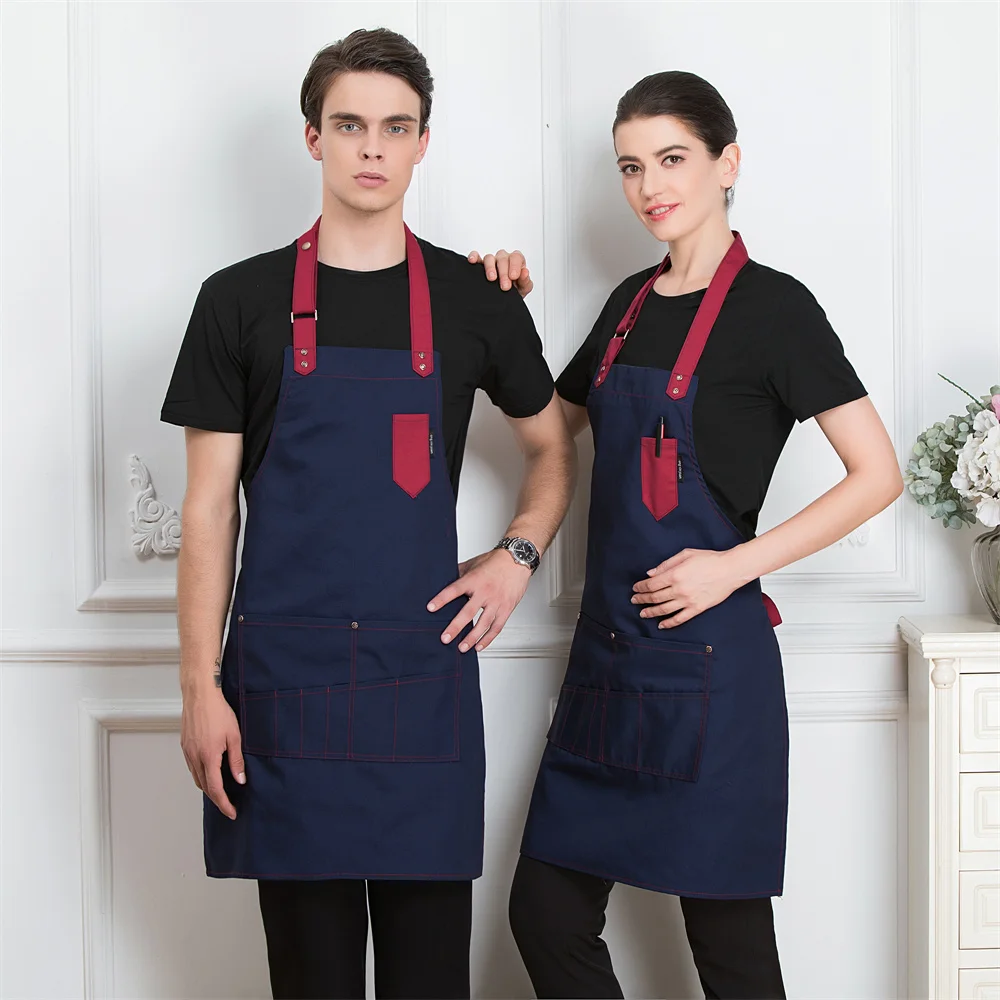 2022 Custom Unisex Work Apron For Men Canvas Black Apron Bib Adjustable Cooking Kitchen Aprons For Woman With Tool Pockets