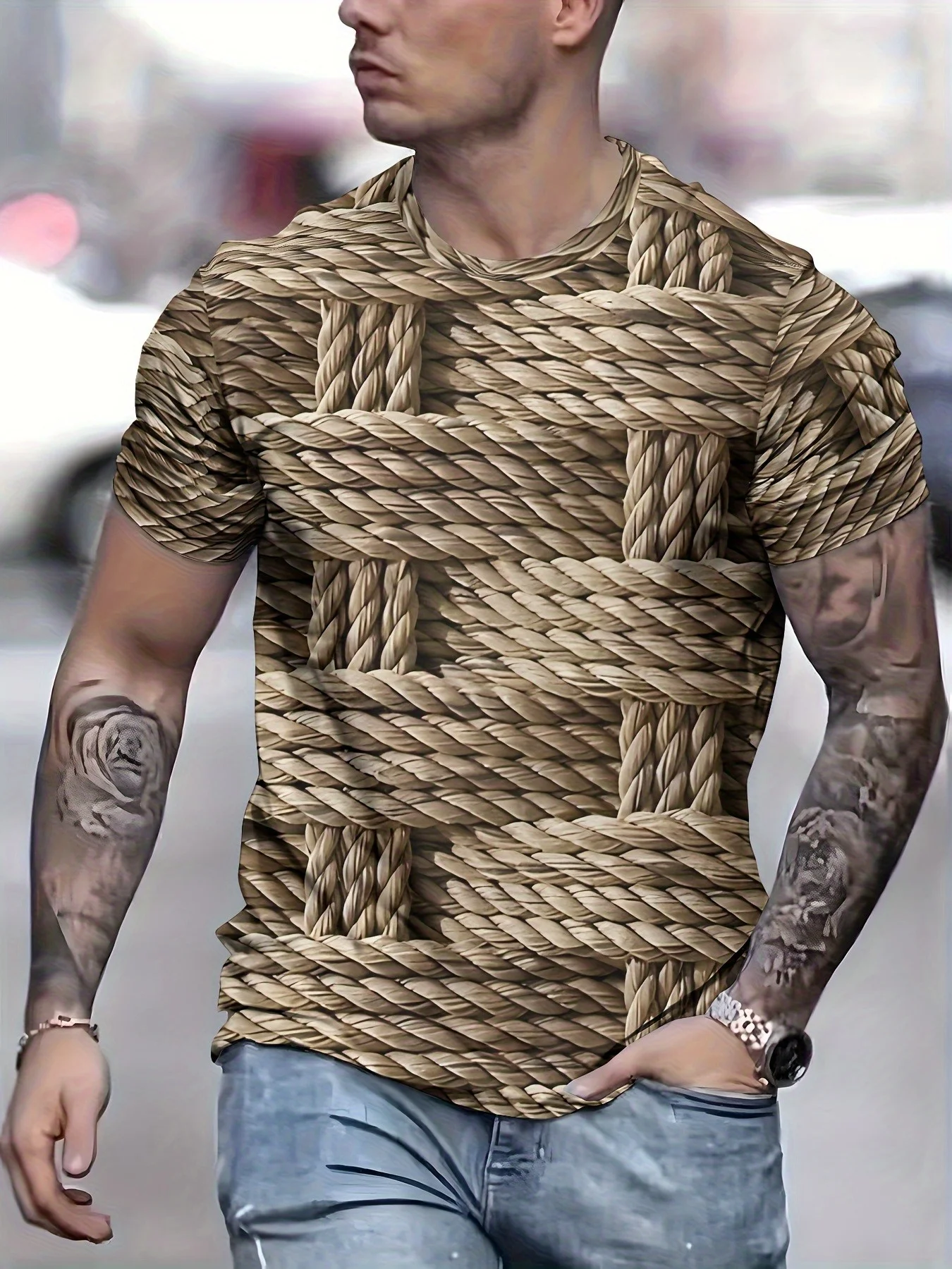 Men's Thick Woven Rope Texture Optical Illusion Short Sleeve Crew Neck Rustic Abstract Casual Tee Tops