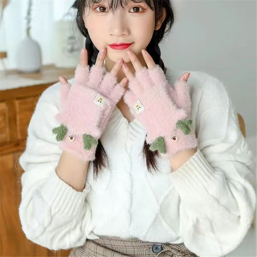 Cute Soft Winter Gloves Half-Finger Flip Warm Student Writing Gloves Women Girls Antlers Knit Mittens