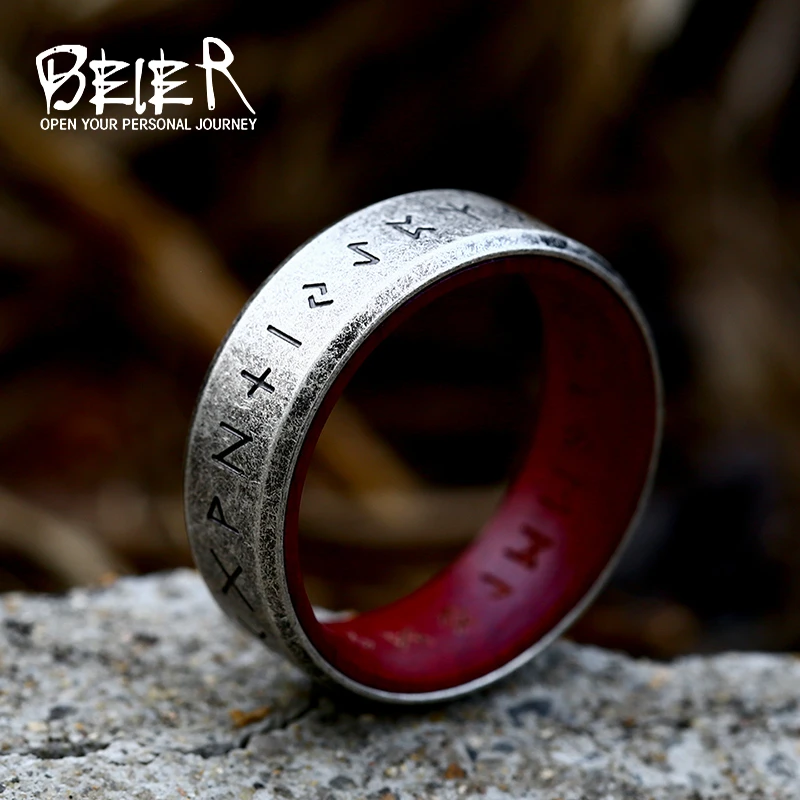 BEIER 2022 New Updated Style Stainless Steel  Viking Runes Retro Punk Viking Runes With Rosewood  Rings For Men 8mm Jewelry
