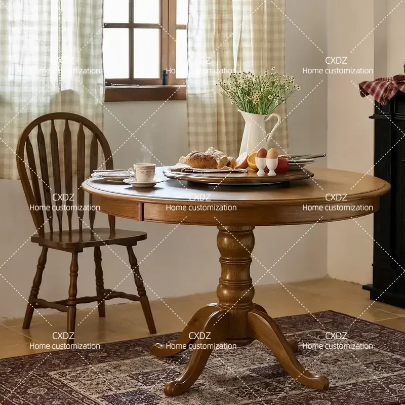 American Rural Retro Round Solid Wood Dining Table Simple Small Apartment Log Turntable Customizable Factory Direct