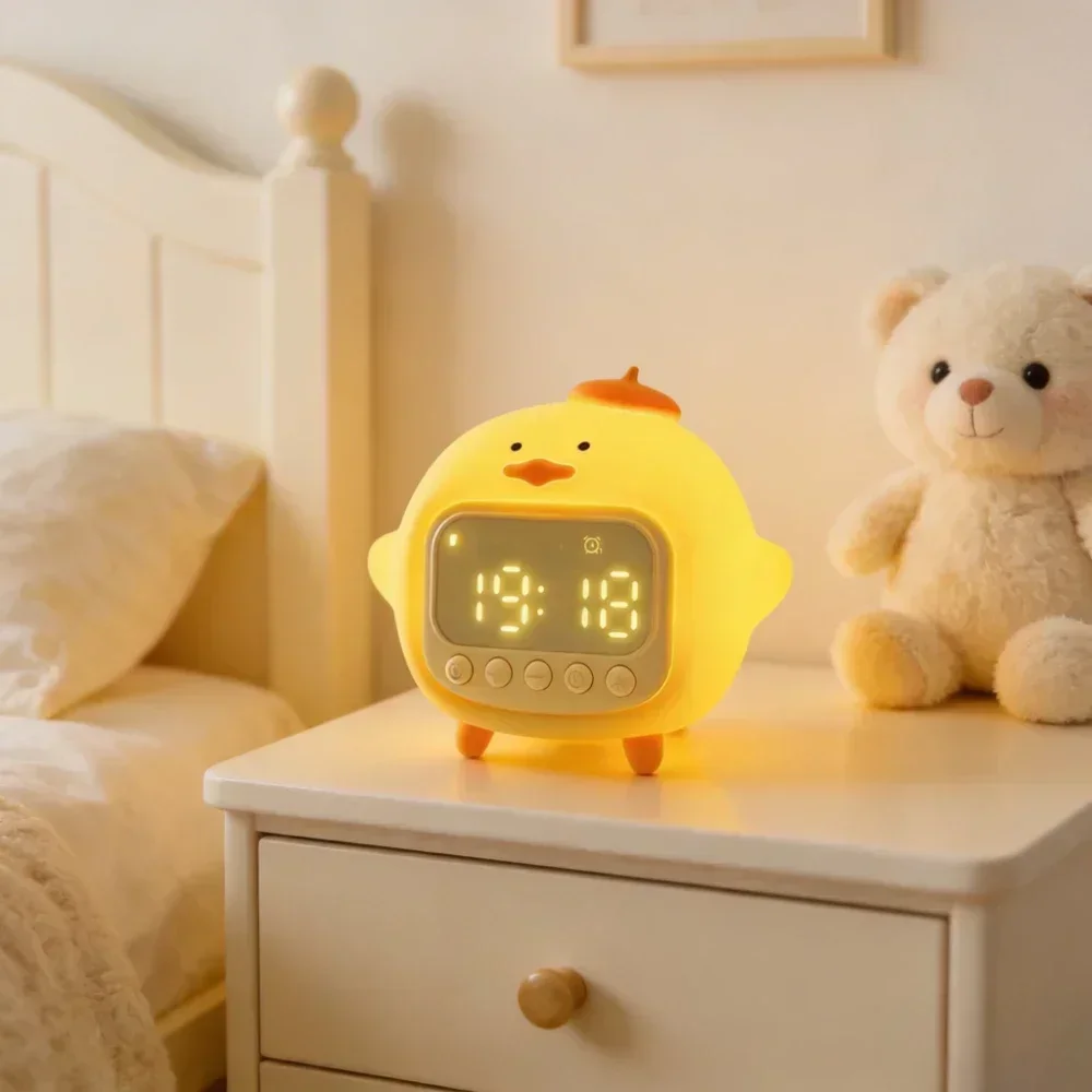 Cute Duckling Alarm Clock LED Display Adjustable Volume Five Alarm Groups Soft Wake Light Kids Bedroom Home Decor Gift