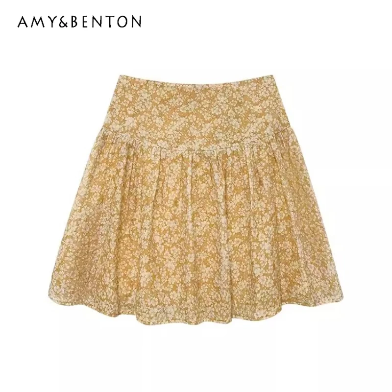 

Retro Design Yellow Small Floral Women's Skirt 2026 Summer New Seaside Vacation Wind High Waist Thin A-line Fluffy Skirts Ladies
