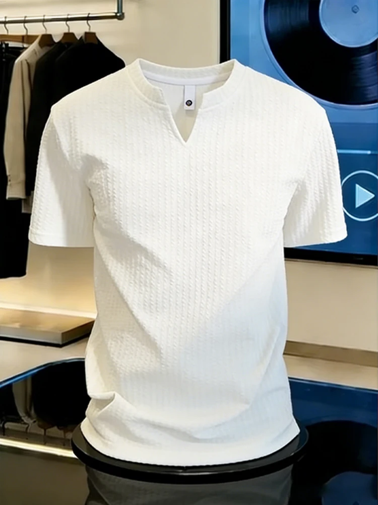 Lightweight Ice Silk V-Neck Short Sleeve T-Shirt Men's Cleanfit Slim Fit Summer Fashionable Polyester Spandex Casual Wear