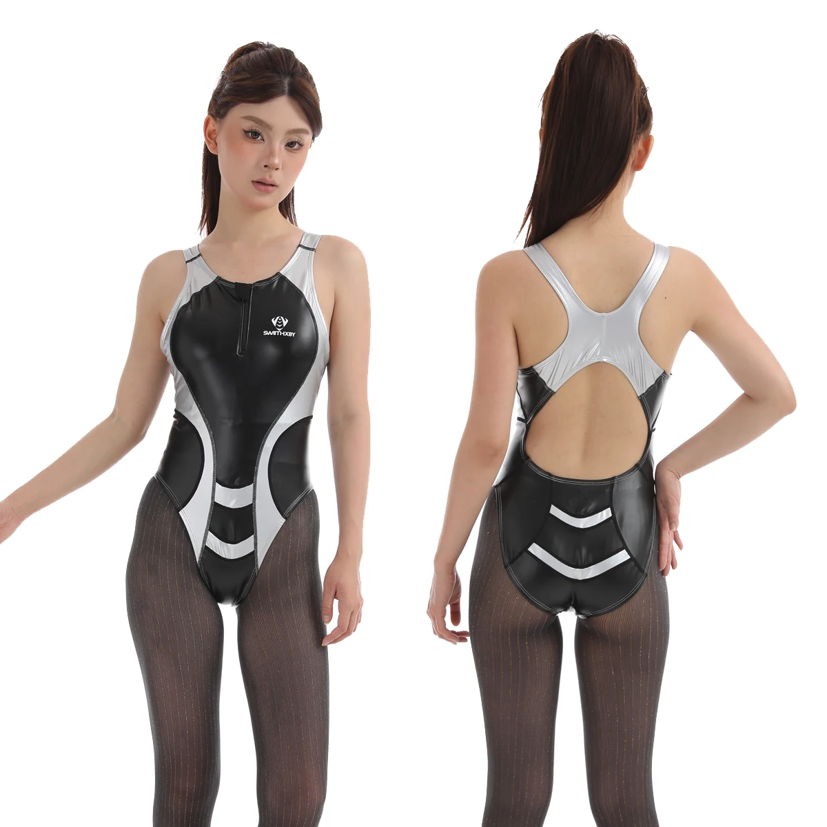 Women Janpanese Glitter PU Leather Professional Swimsuit One-piece Sleeveless Patchwork High Cut Leotards Bathing Suit Plus Size