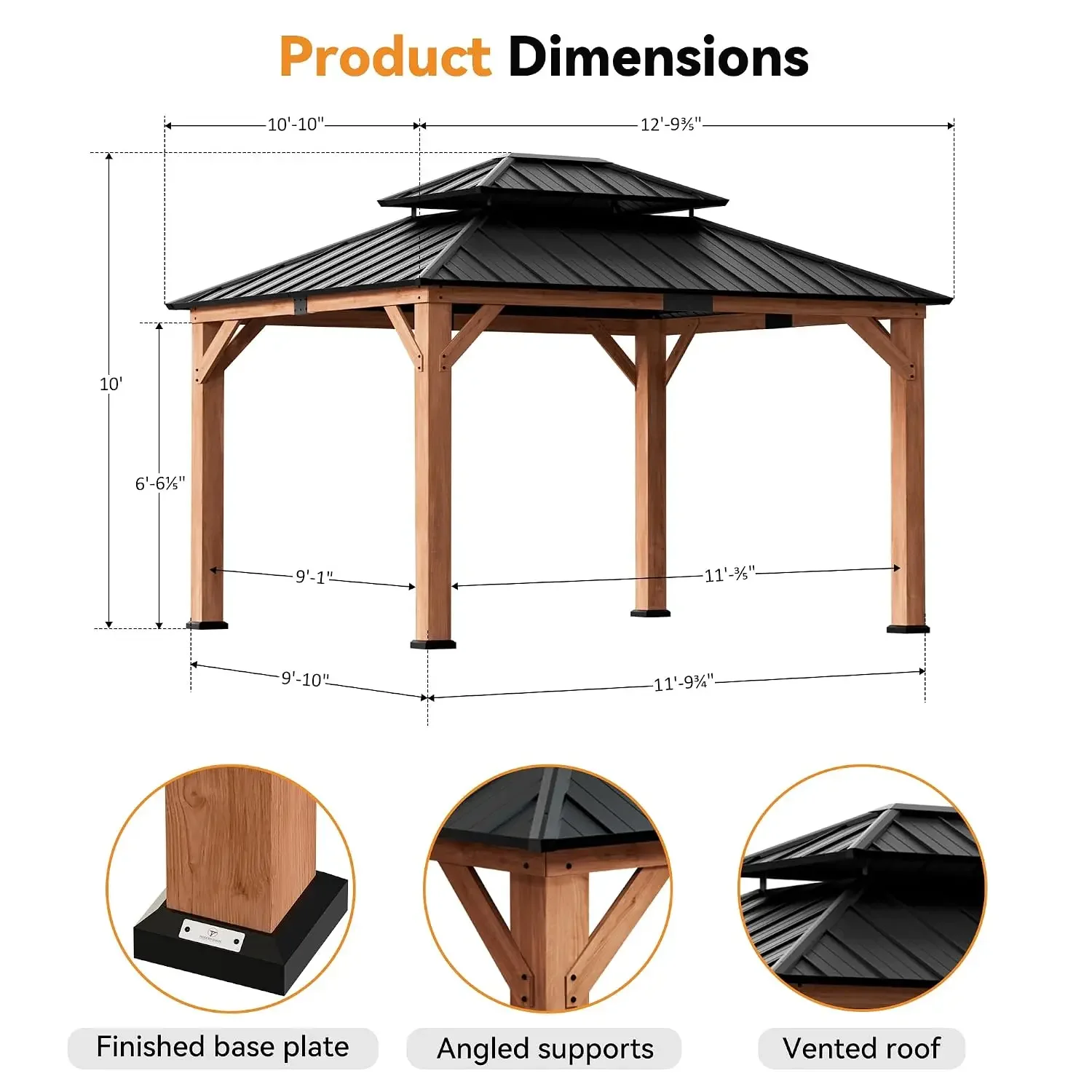 Modern Shade Permanent Wood Gazebo 11x13 with Double Galvanized Steel Roof, Customized