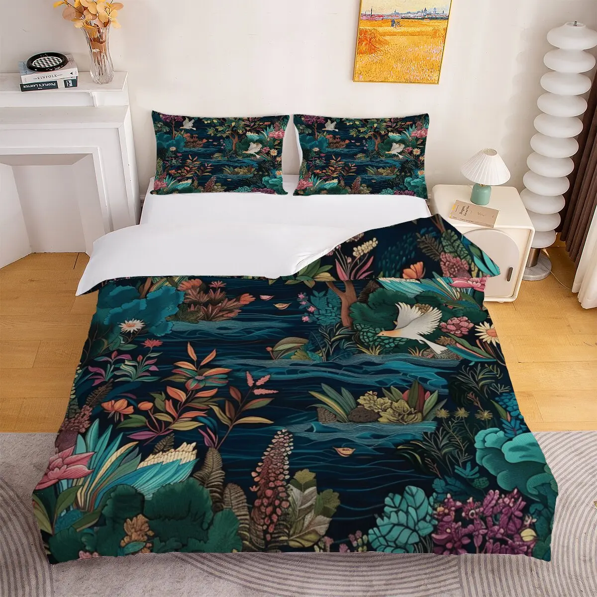 The  in the water  Down comforter set, extra large size  flowers and trees  1 duvet cover and 2 pillowcases