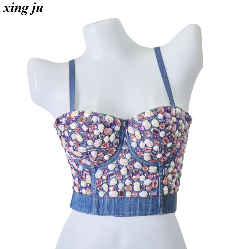 

Xing Ju Nightclub Hot Girls Short Corset Denim Tops Women Jazz Dance Costume Female Sexy Rhinestone Short Vest Singer Stage Wear