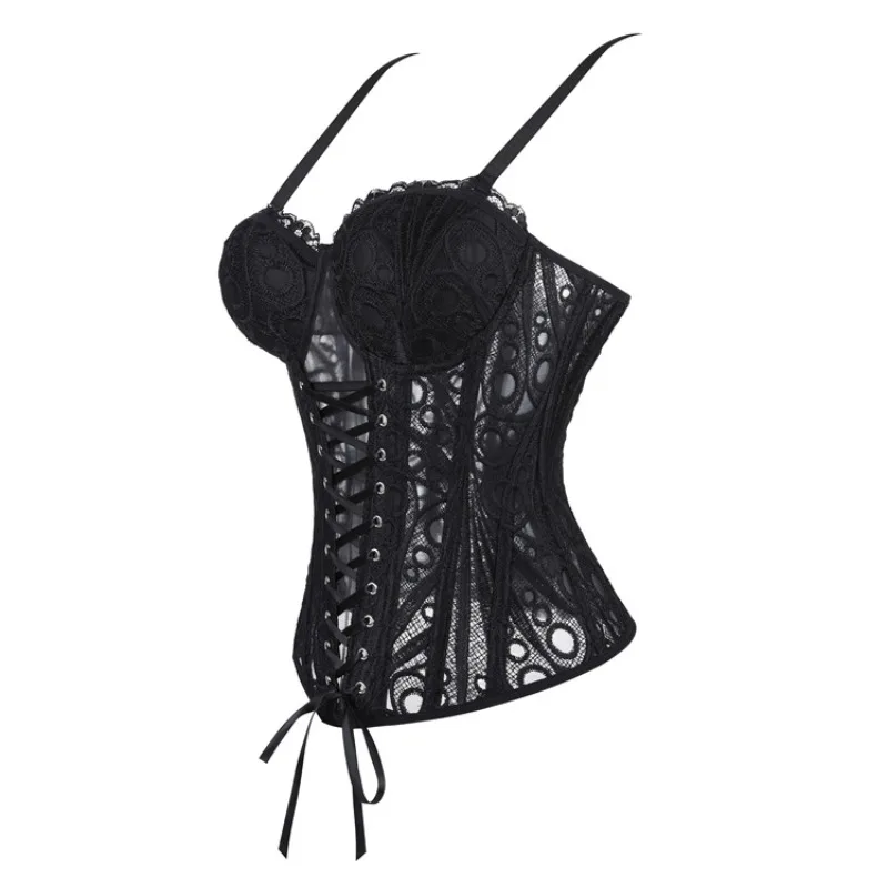 Gothic Sheer Lace Corset Top Spaghetti Strap Sweetheart Bustier Women Back Ribbon Waist Trainer Party Shaper view 2