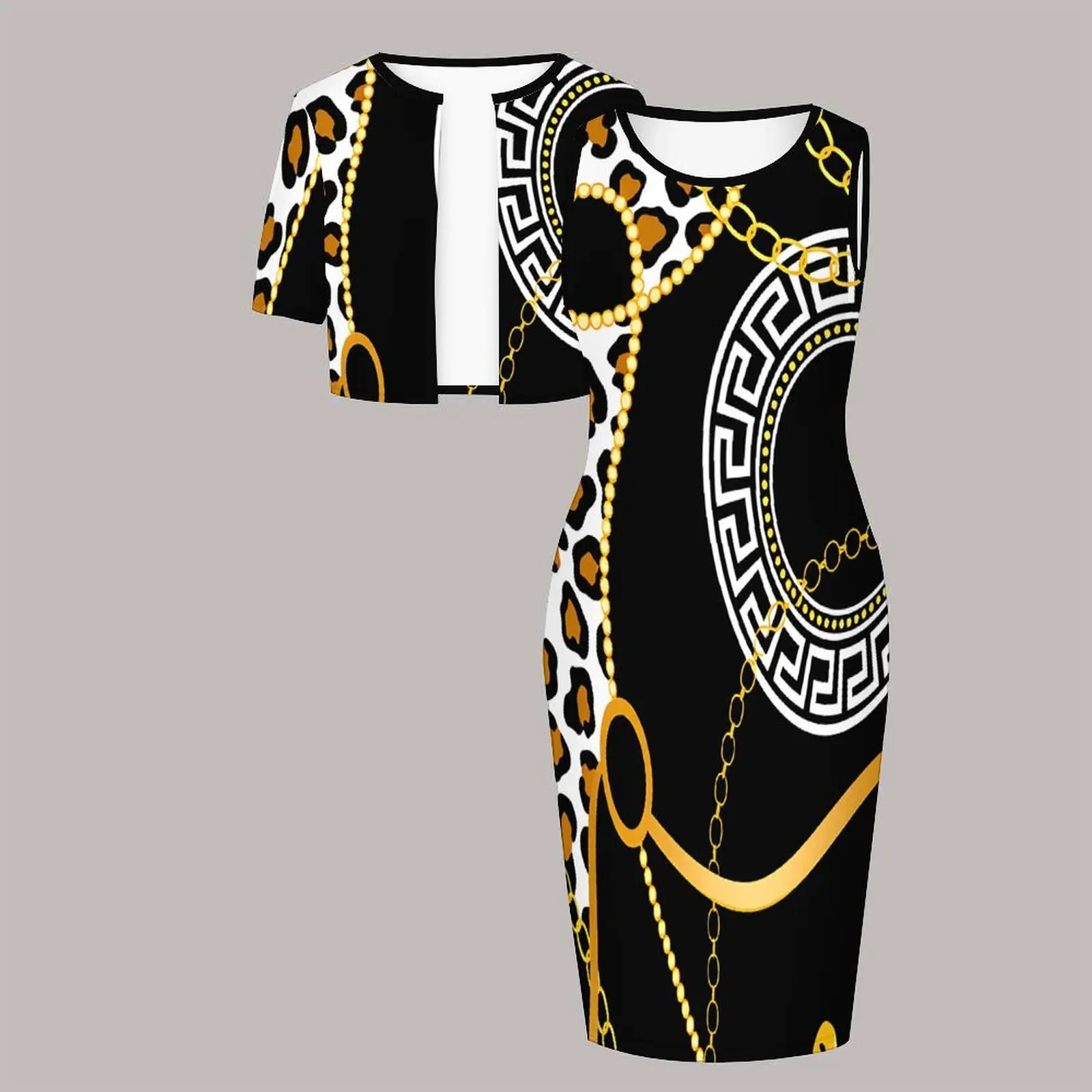 Plus Size 2pcs Women's Fashion Short-sleeved Coat Round-necked Tight Skirts Printed Design Two Piece Set Sleeveless Slim Skirt