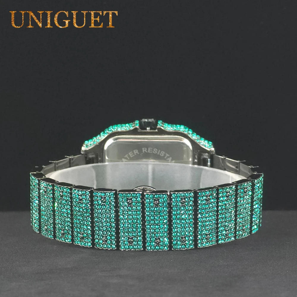 Orologio verde da uomo Orologi al quarzo da uomo Hip Hop con diamanti ghiacciati di lusso dal design accattivante con calendario Orologio luminoso Dropshipping