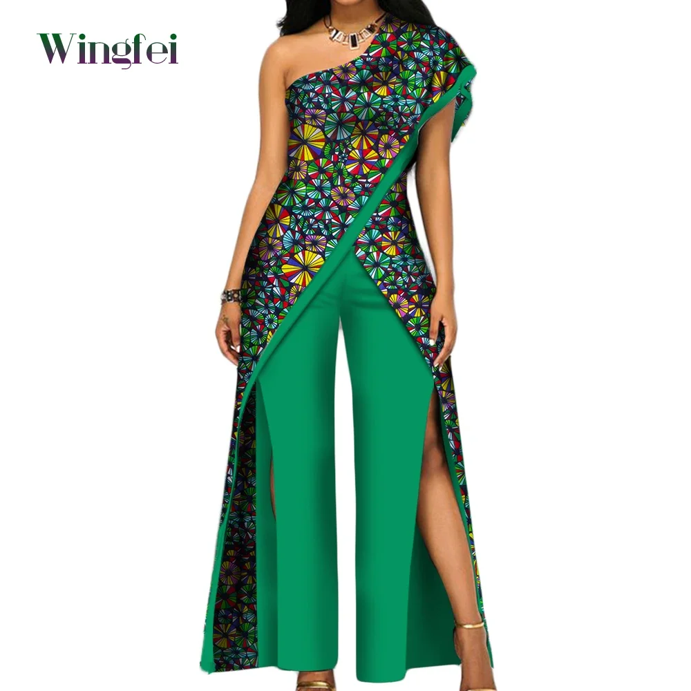 Africa Clothes for Women Ankara Fashion Pant Set for Women Sexy Off Shoulder Trousers Sets Dashiki Clothing Print Cotton WY2373