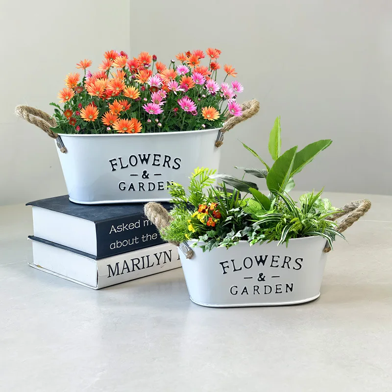 

Wrought Iron Oval Flower Pot Balcony Succulent Potted Plant Ornaments Desktop Decorative Storage Letter Basin Tin Bucket Flower